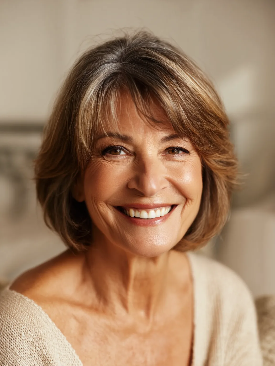 Classic Ash Brown Wavy Bob with Side-Swept Highlights